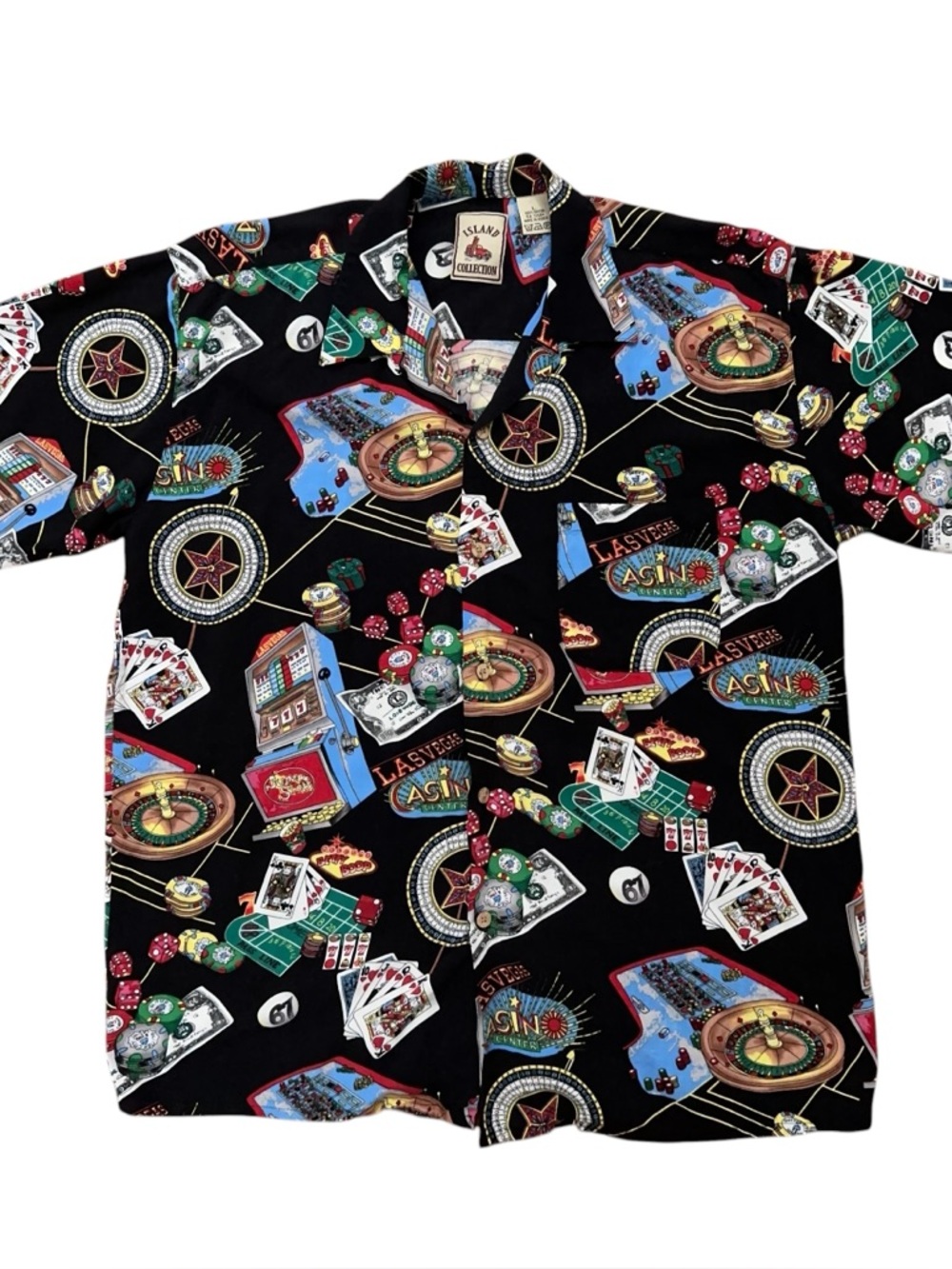 Island Collection Hawaiian Shirt Mens L Las Vegas Gambling AOP Rayon Black VTG